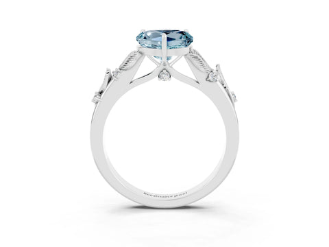 White gold Heart Cut Aquamarine Solitaire Ring with Leaf Motif Band and Four-Prong Setting_3