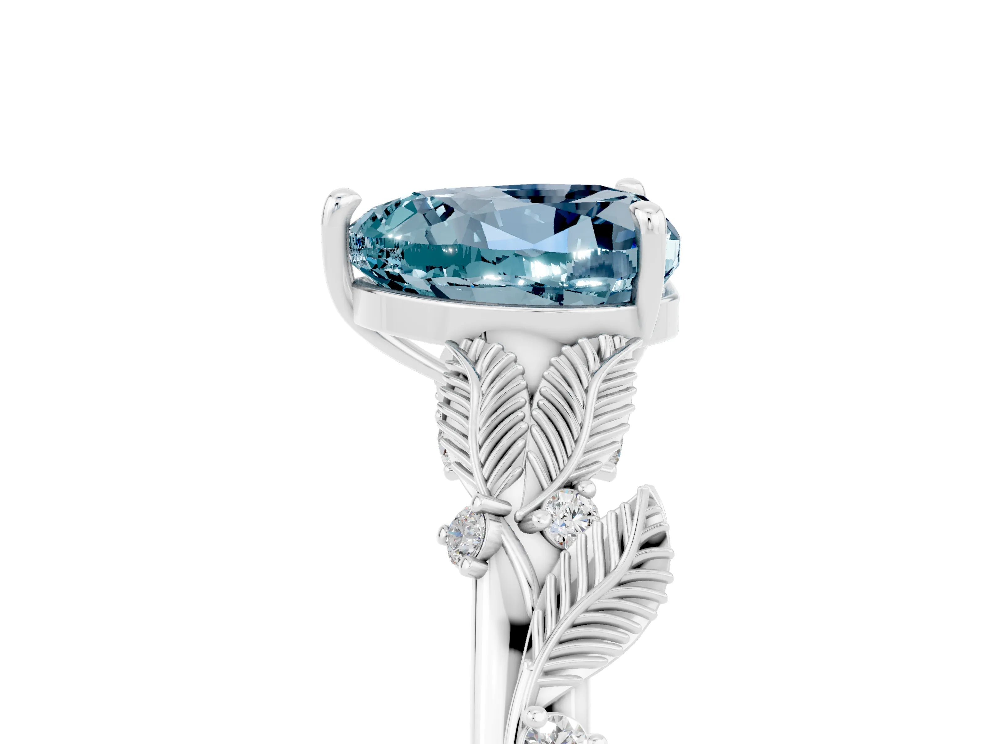 White gold Heart Cut Aquamarine Solitaire Ring with Leaf Motif Band and Four-Prong Setting_5