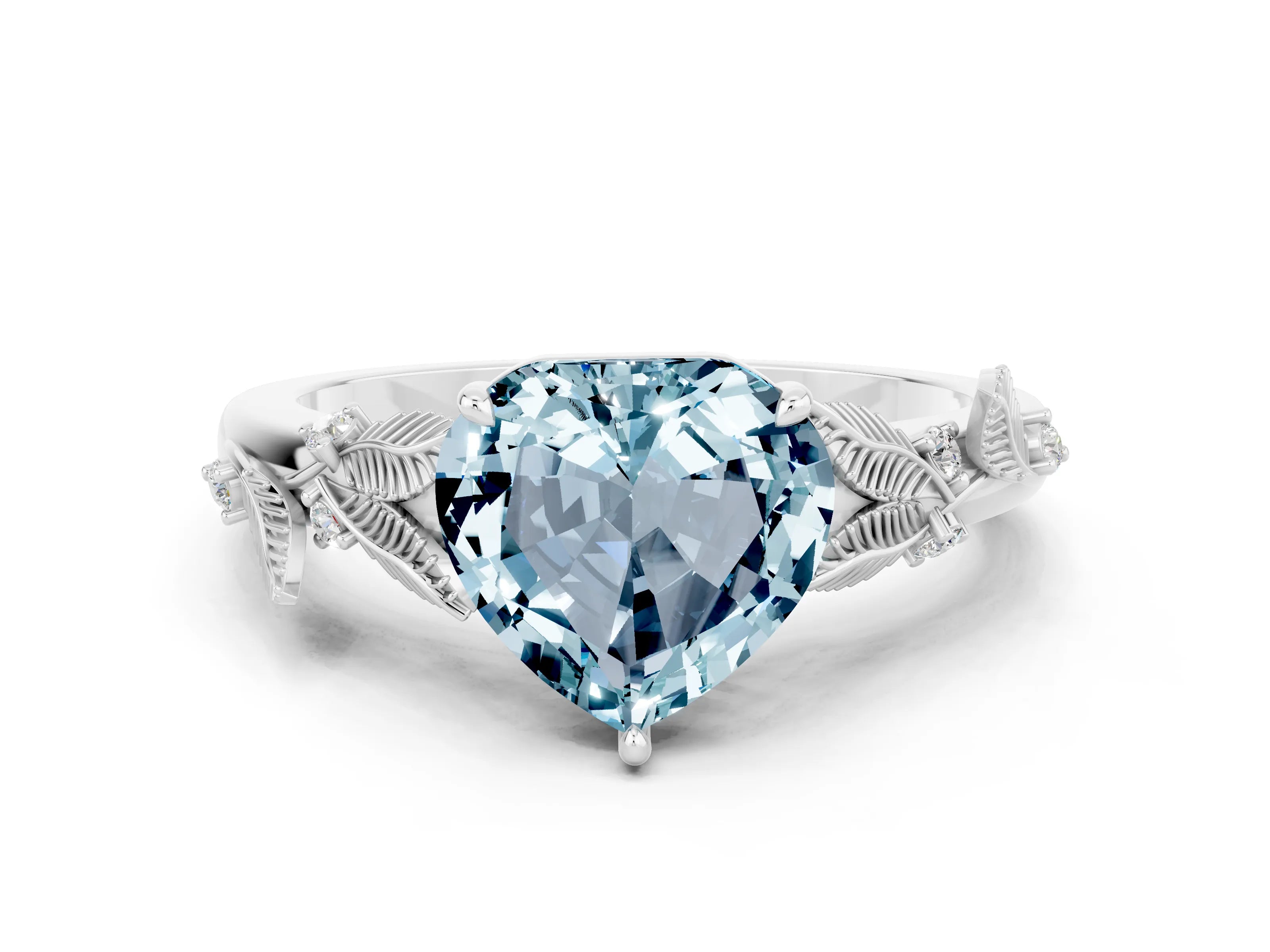 White gold Heart Cut Aquamarine Solitaire Ring with Leaf Motif Band and Four-Prong Setting