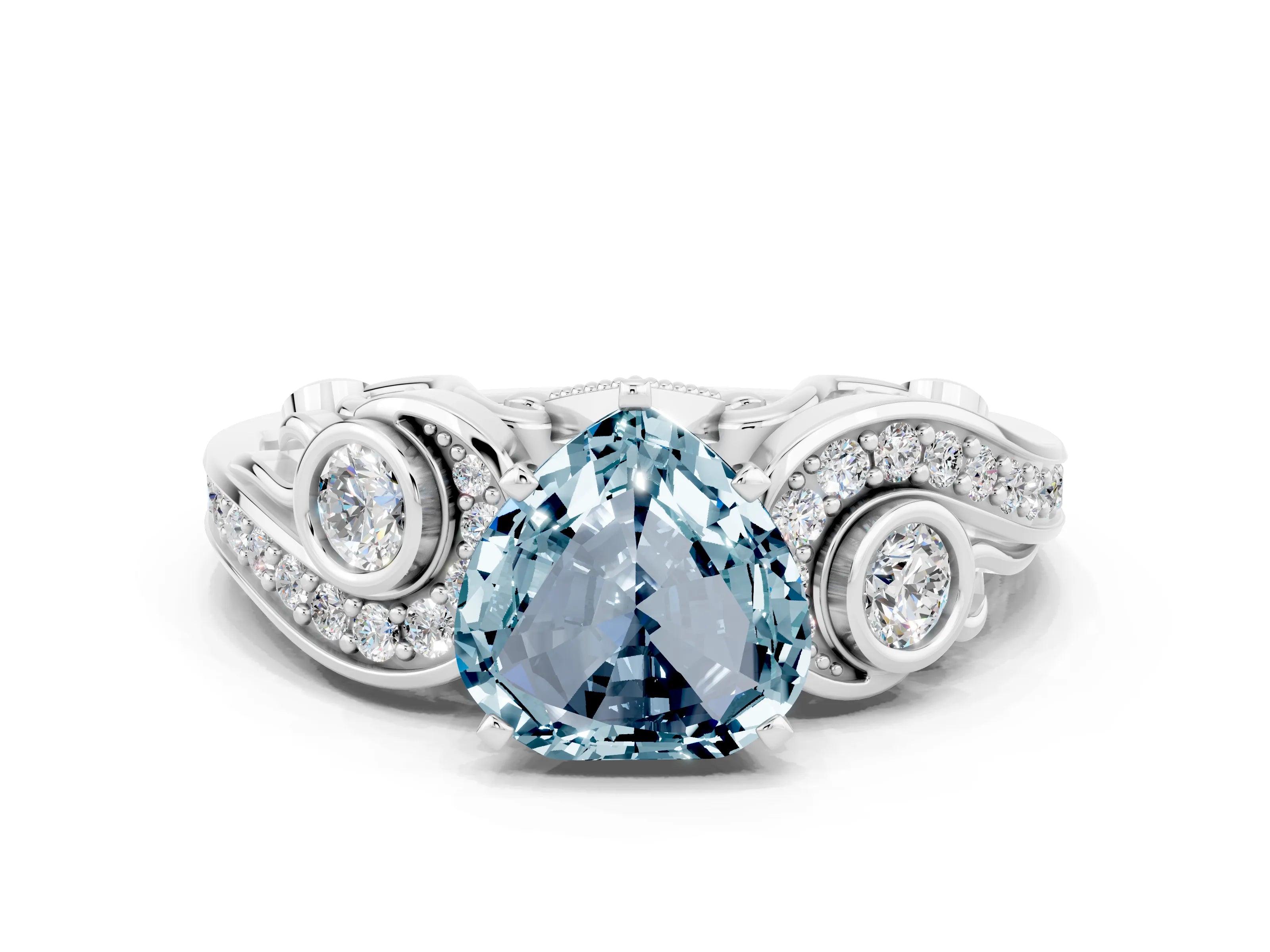 White gold Heart Cut Aquamarine Solitaire Ring with Milgrain Pavé Band and Four-Prong Setting_12