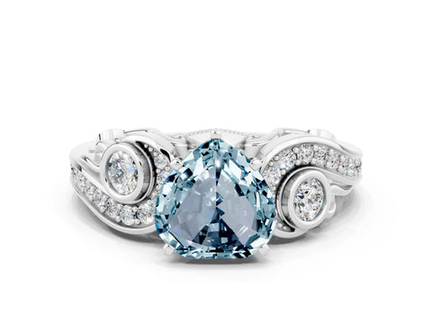 White gold Heart Cut Aquamarine Solitaire Ring with Milgrain Pavé Band and Four-Prong Setting_12