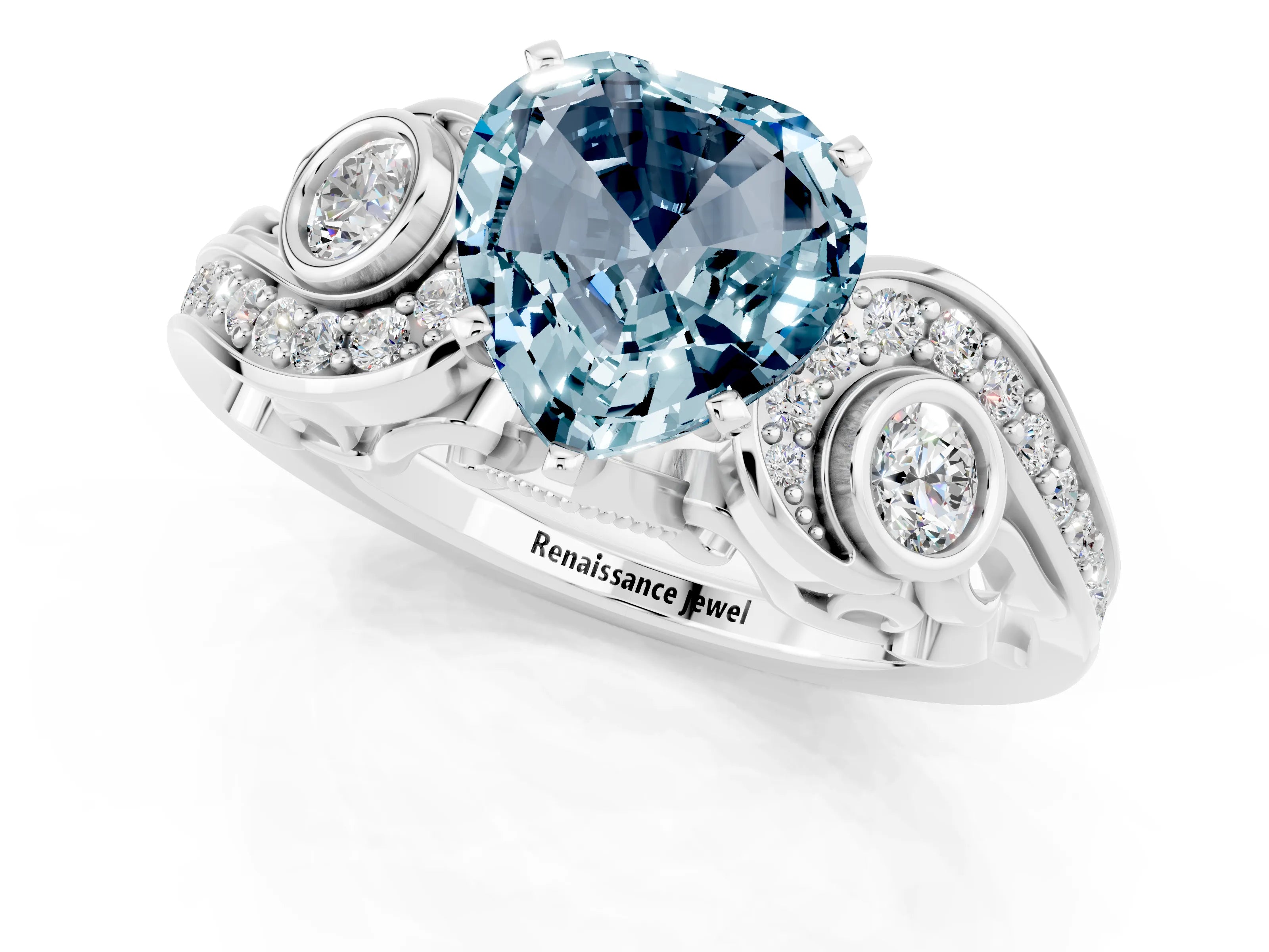 White gold Heart Cut Aquamarine Solitaire Ring with Milgrain Pavé Band and Four-Prong Setting_13
