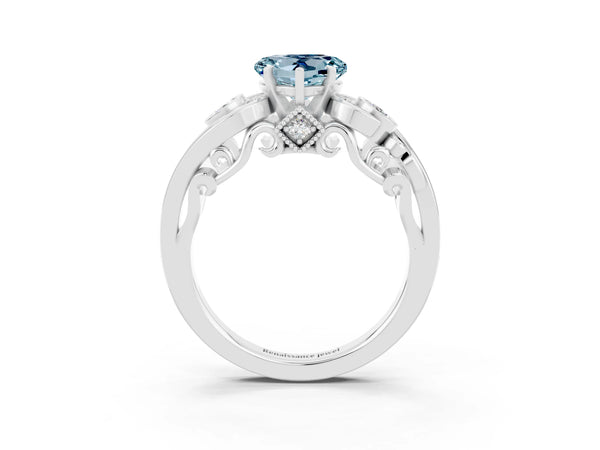 Silver Heart Cut Aquamarine Solitaire Ring with Milgrain Pavé Band and Four-Prong Setting