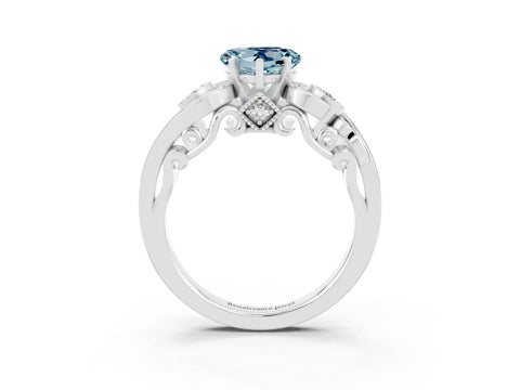 White gold Heart Cut Aquamarine Solitaire Ring with Milgrain Pavé Band and Four-Prong Setting_15