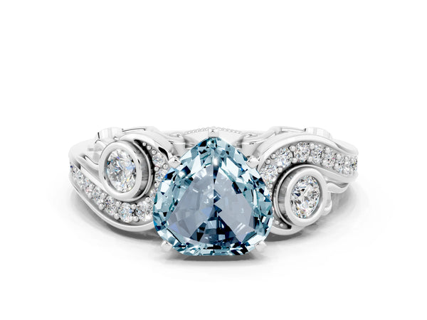 White gold Heart Cut Aquamarine Solitaire Ring with Milgrain Pavé Band and Four-Prong Setting