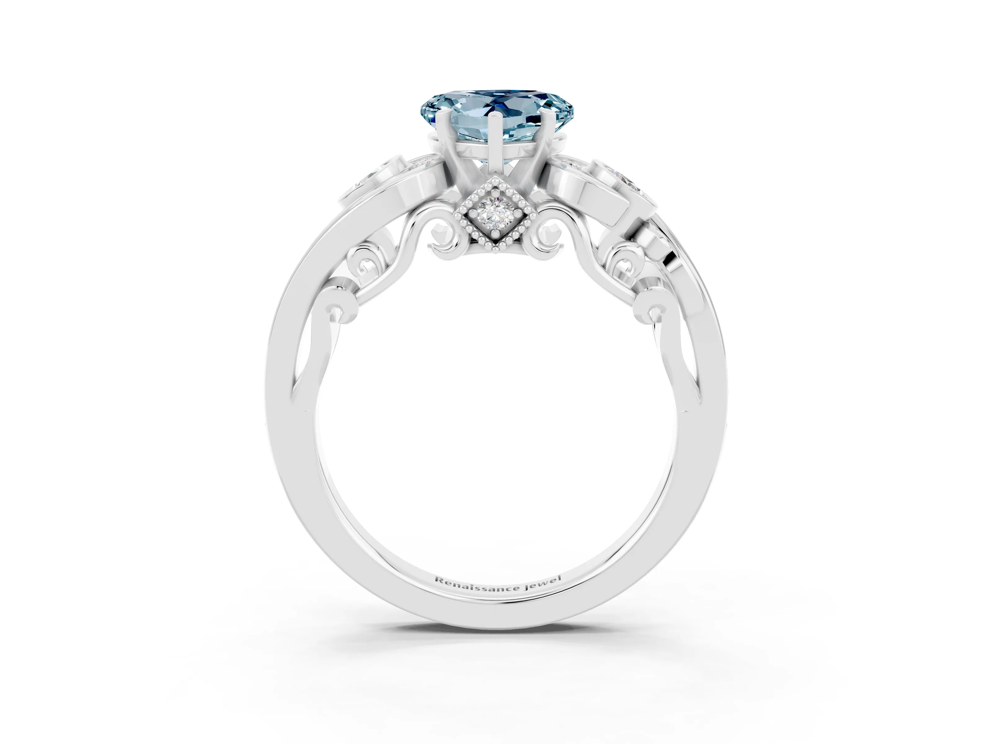 White gold Heart Cut Aquamarine Solitaire Ring with Milgrain Pavé Band and Four-Prong Setting_51