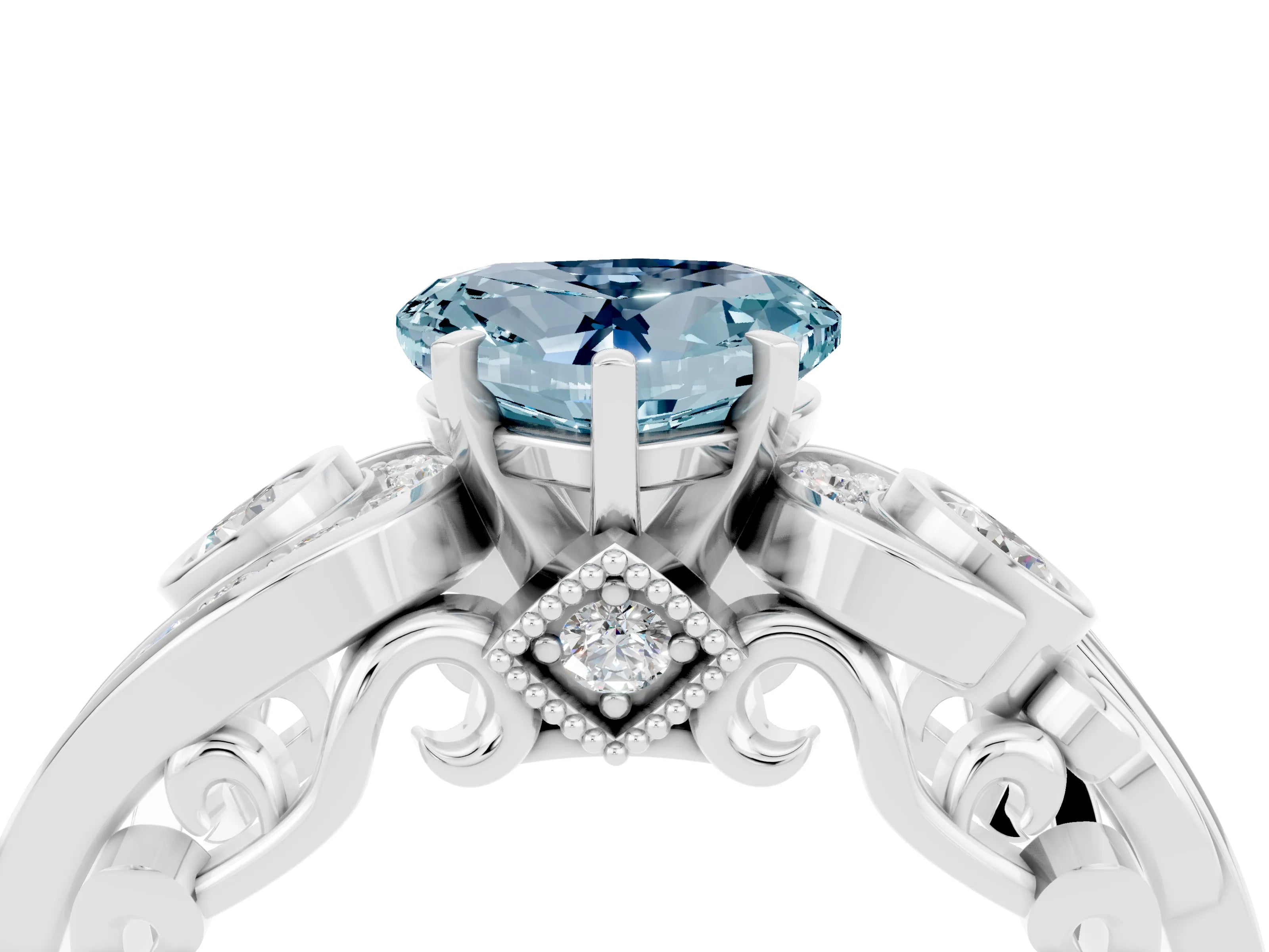 White gold Heart Cut Aquamarine Solitaire Ring with Milgrain Pavé Band and Four-Prong Setting_52