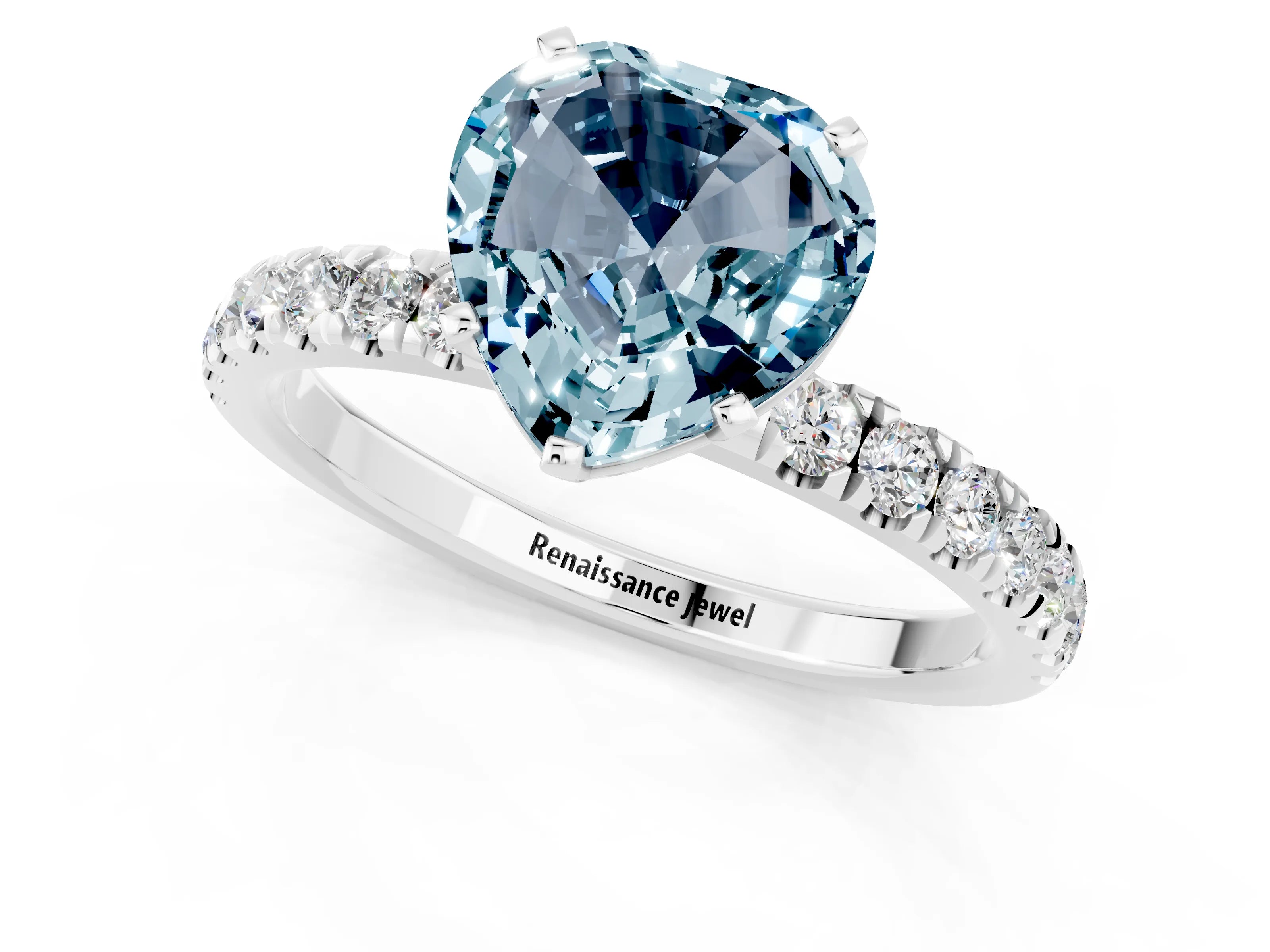 White gold Heart Cut Aquamarine Solitaire Ring with Pavé Accents and Four-Prong Setting_1
