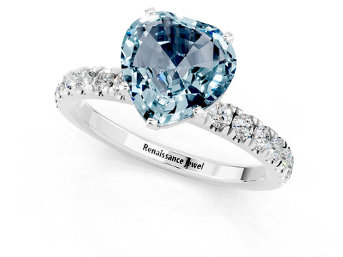 White gold Heart Cut Aquamarine Solitaire Ring with Pavé Accents and Four-Prong Setting_1