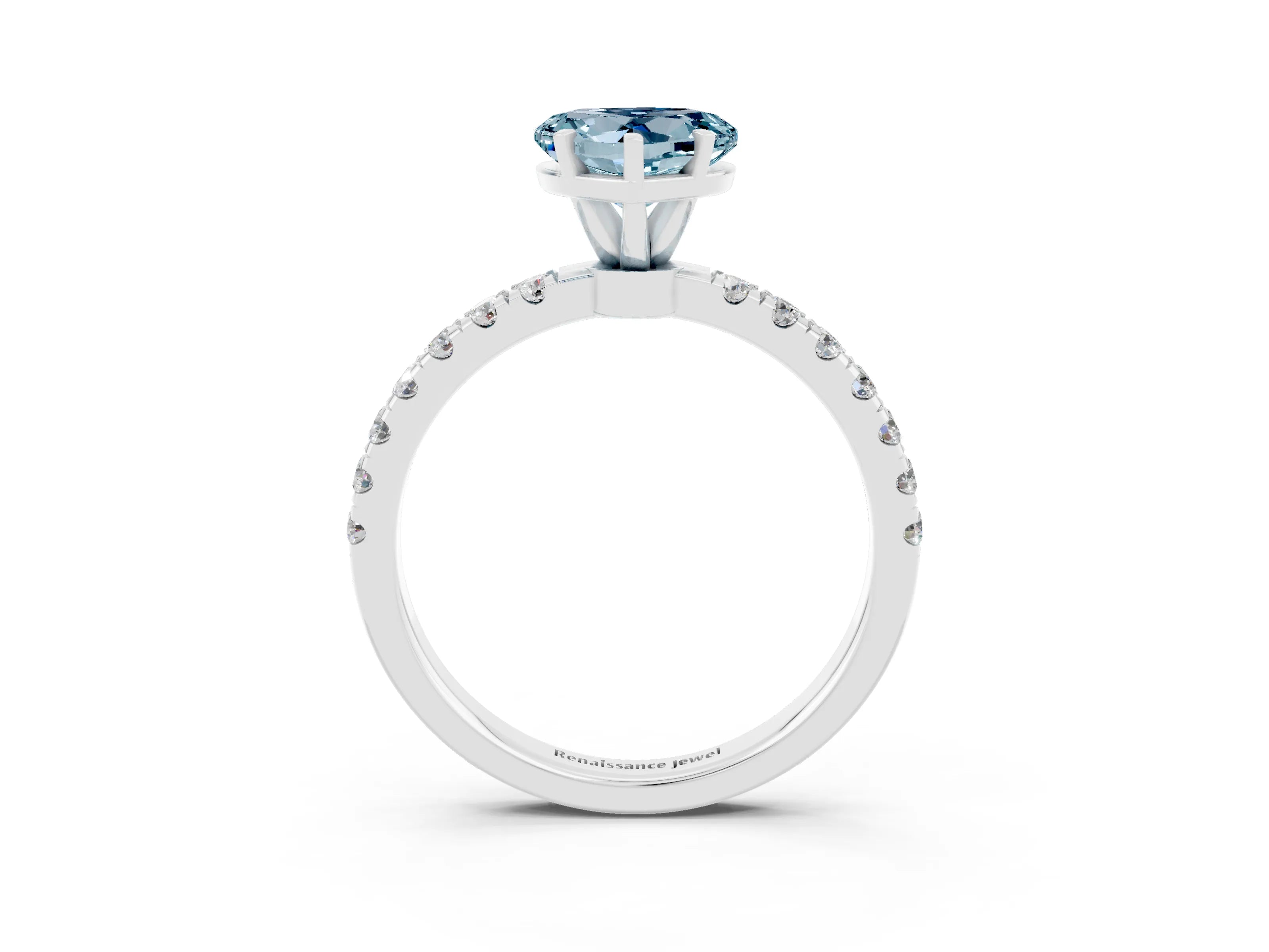 White gold Heart Cut Aquamarine Solitaire Ring with Pavé Accents and Four-Prong Setting_3