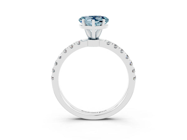 Silver Heart Cut Aquamarine Solitaire Ring with Pavé Accents and Four-Prong Setting