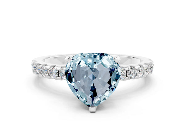 Platinum Heart Cut Aquamarine Solitaire Ring with Round  Pavé Band and Four-Prong Setting