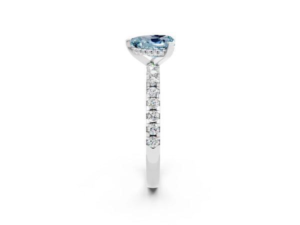 Silver Heart Cut Aquamarine Solitaire Ring with Round  Pavé Band and Four-Prong Setting