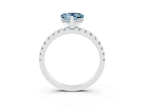 Silver Heart Cut Aquamarine Solitaire Ring with Round  Pavé Band and Four-Prong Setting