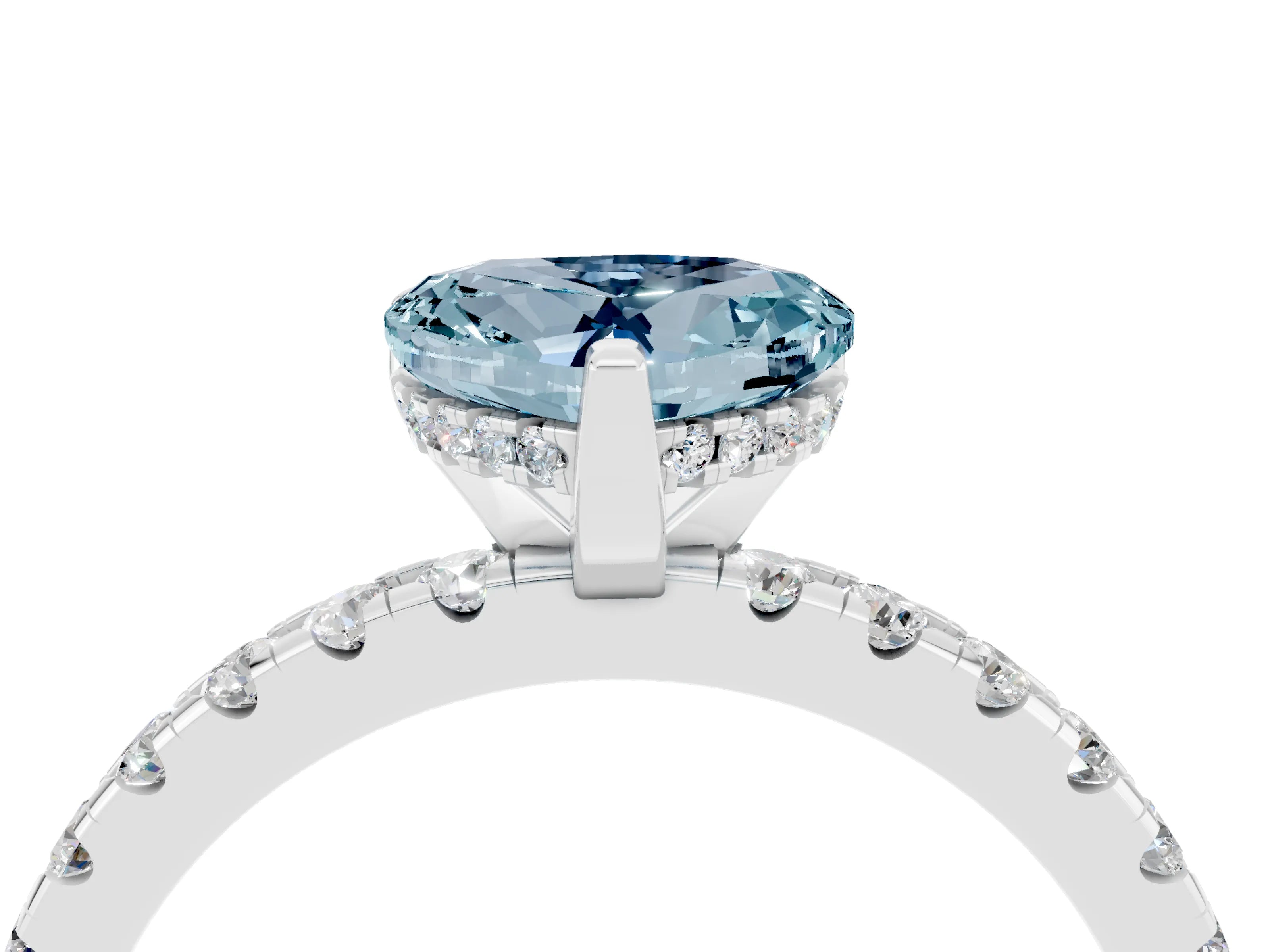 White gold Heart Cut Aquamarine Solitaire Ring with Pavé Band and Four-Prong Setting_4