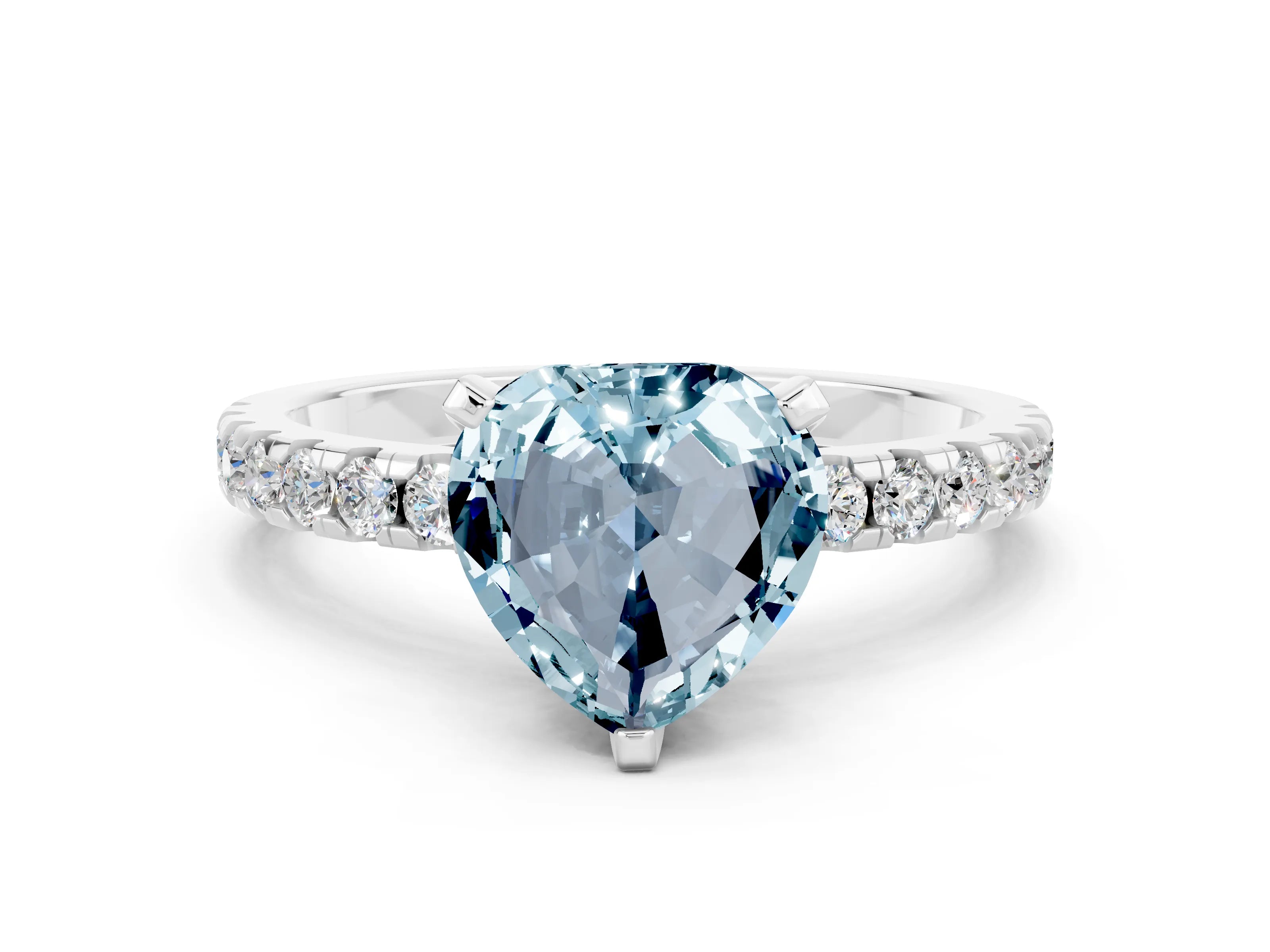 White gold Heart Cut Aquamarine Solitaire Ring with Pavé Band and Four-Prong Setting