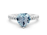 White gold Heart Cut Aquamarine Solitaire Ring with Pavé Band and Four-Prong Setting