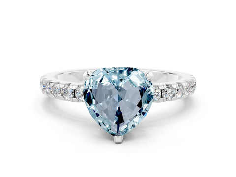 White gold Heart Cut Aquamarine Solitaire Ring with Pavé Band and Four-Prong Setting
