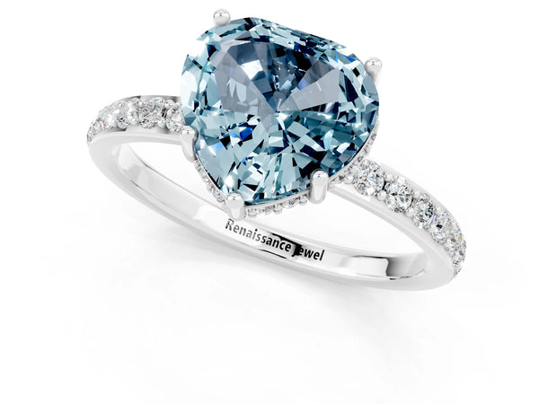 Platinum Heart Cut Aquamarine Solitaire Ring with Pavé Band and Hidden Halo
