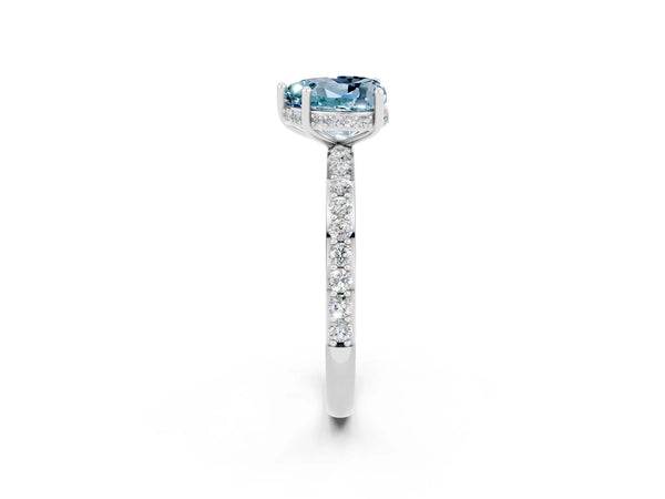 Platinum Heart Cut Aquamarine Solitaire Ring with Pavé Band and Hidden Halo
