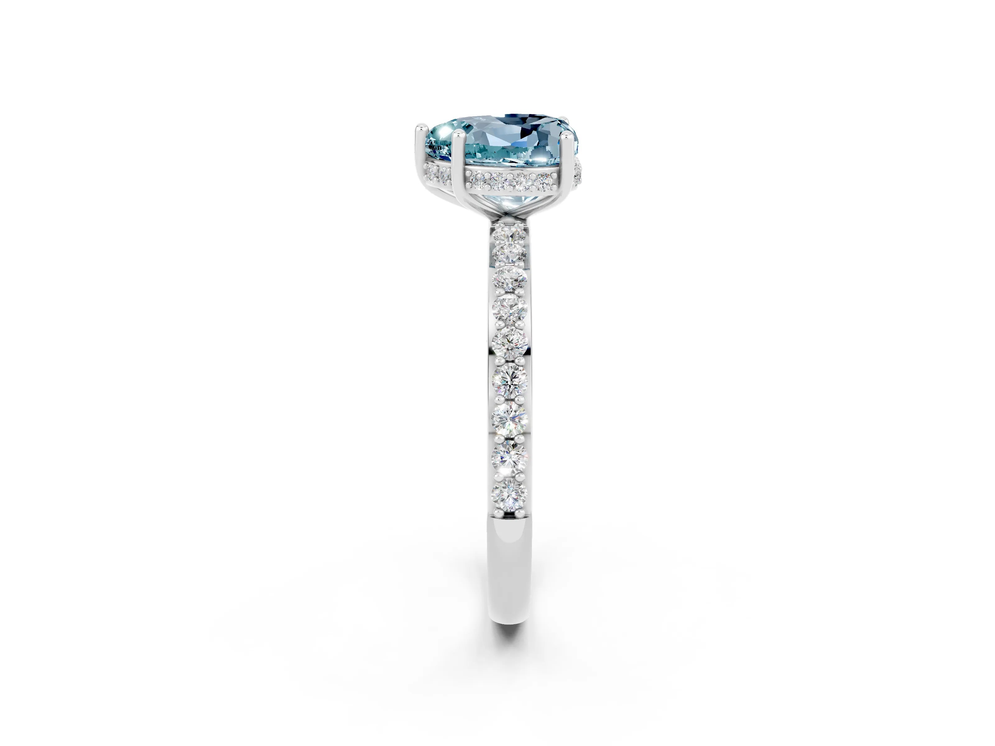 White gold Heart Cut Aquamarine Solitaire Ring with Pavé Band and Hidden Halo_14