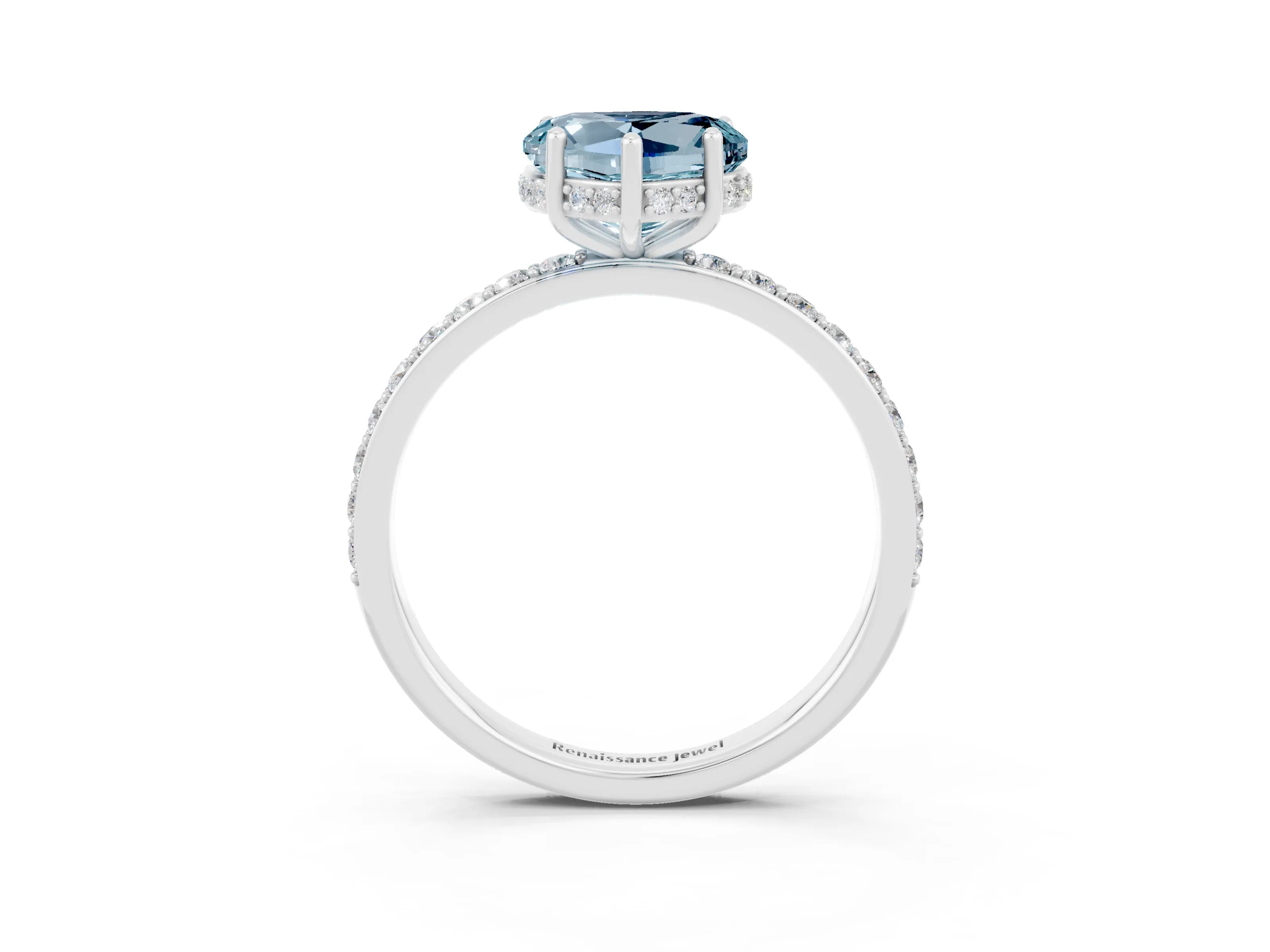White gold Heart Cut Aquamarine Solitaire Ring with Pavé Band and Hidden Halo_15