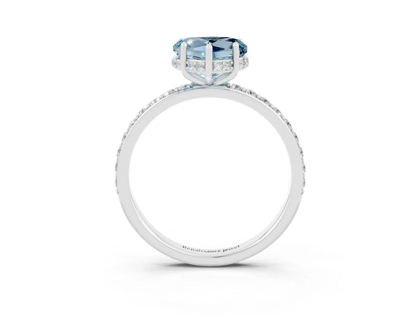 Platinum Heart Cut Aquamarine Solitaire Ring with Pavé Band and Hidden Halo