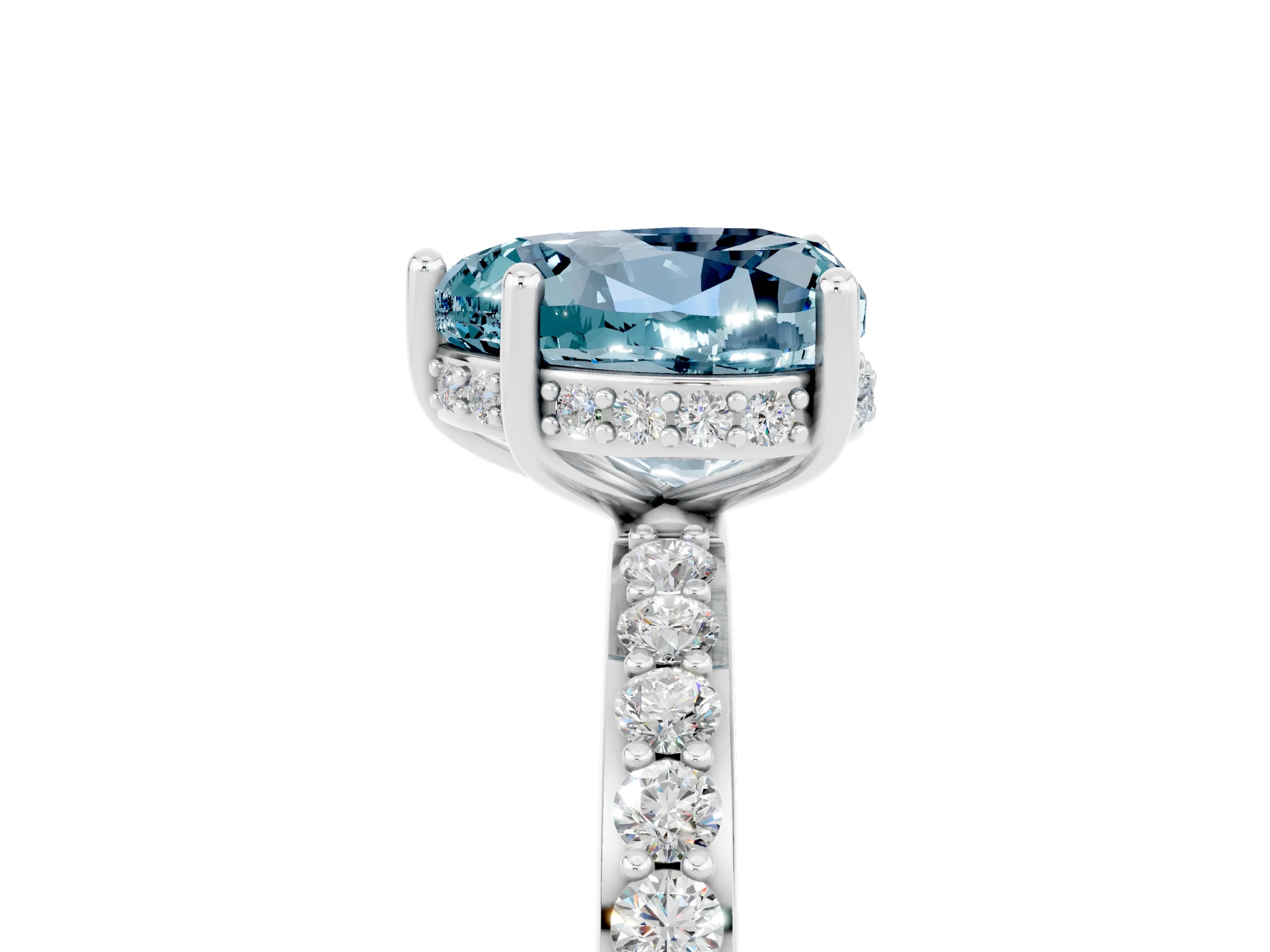 White gold Heart Cut Aquamarine Solitaire Ring with Pavé Band and Hidden Halo_17