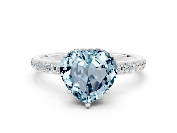 White gold Heart Cut Aquamarine Solitaire Ring with Pavé Band and Hidden Halo