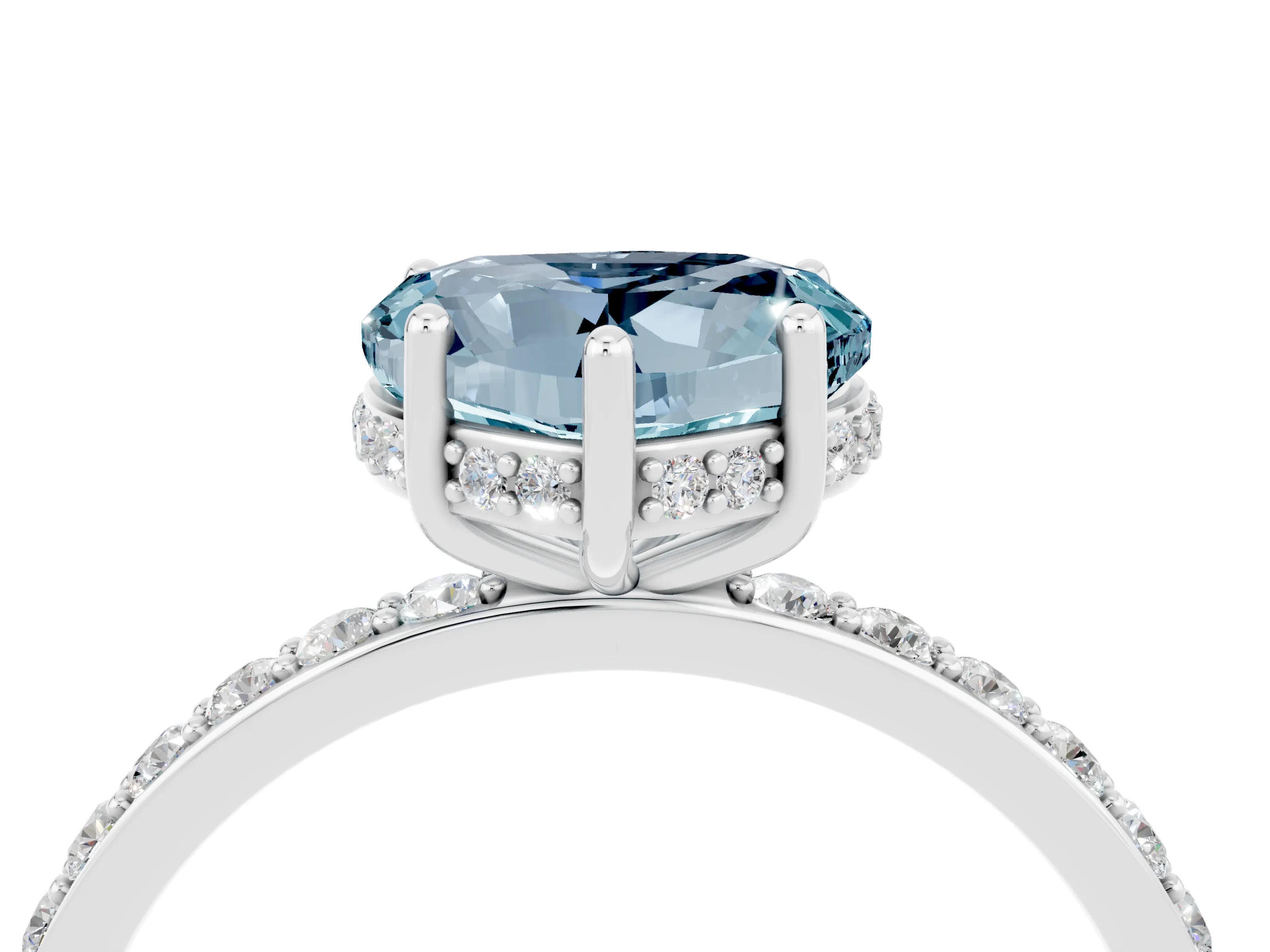 White gold Heart Cut Aquamarine Solitaire Ring with Pavé Band and Hidden Halo_28
