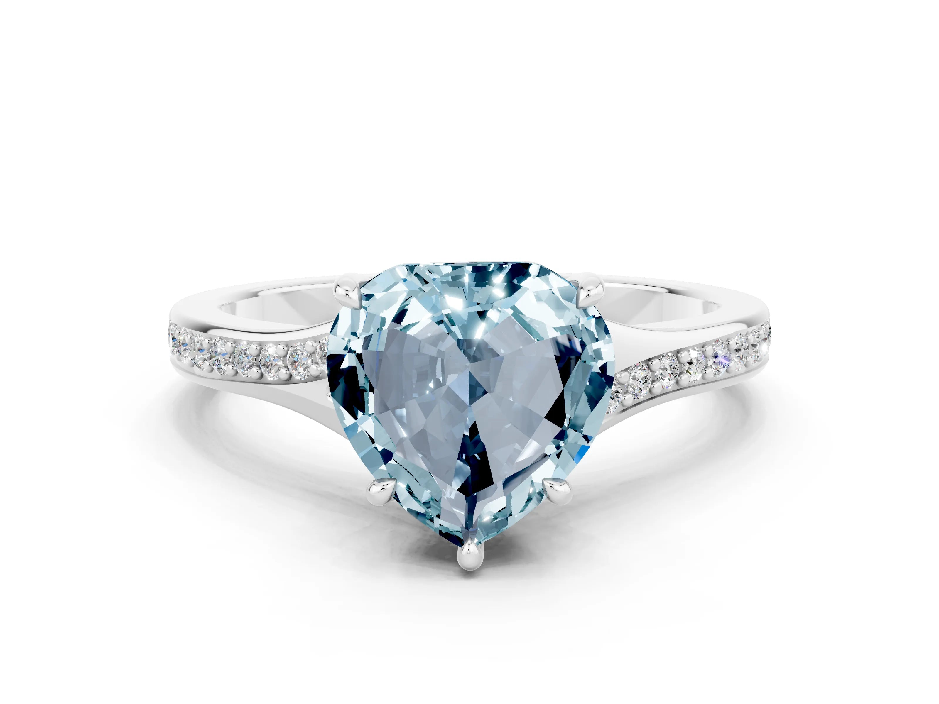 White gold Heart Cut Aquamarine Solitaire Ring with Pavé Band and Prong Setting
