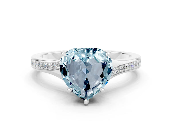 Platinum Heart Cut Aquamarine Solitaire Ring with Pavé Band and Prong Setting