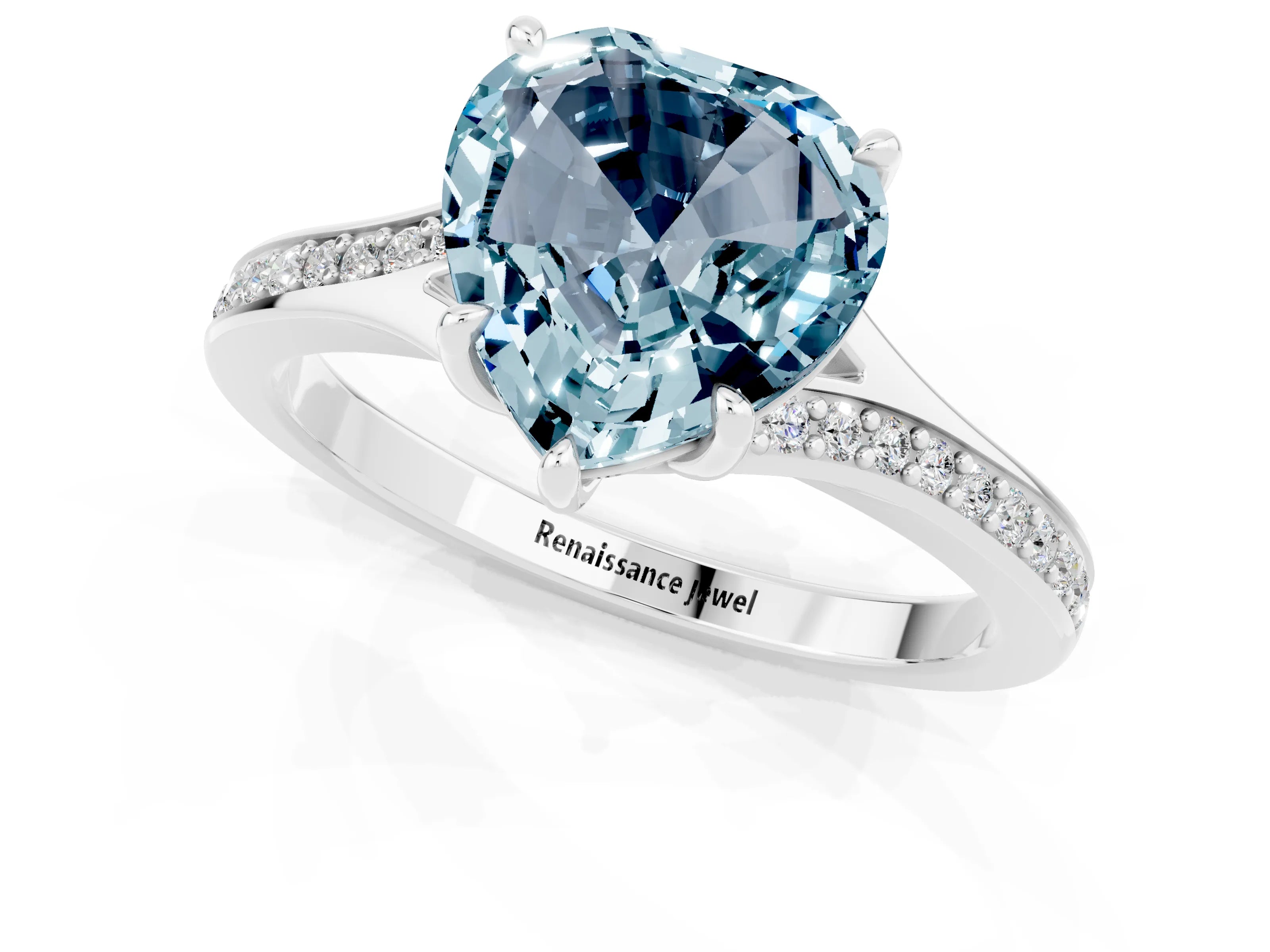 White gold Heart Cut Aquamarine Solitaire Ring with Pavé Band and Prong Setting_13
