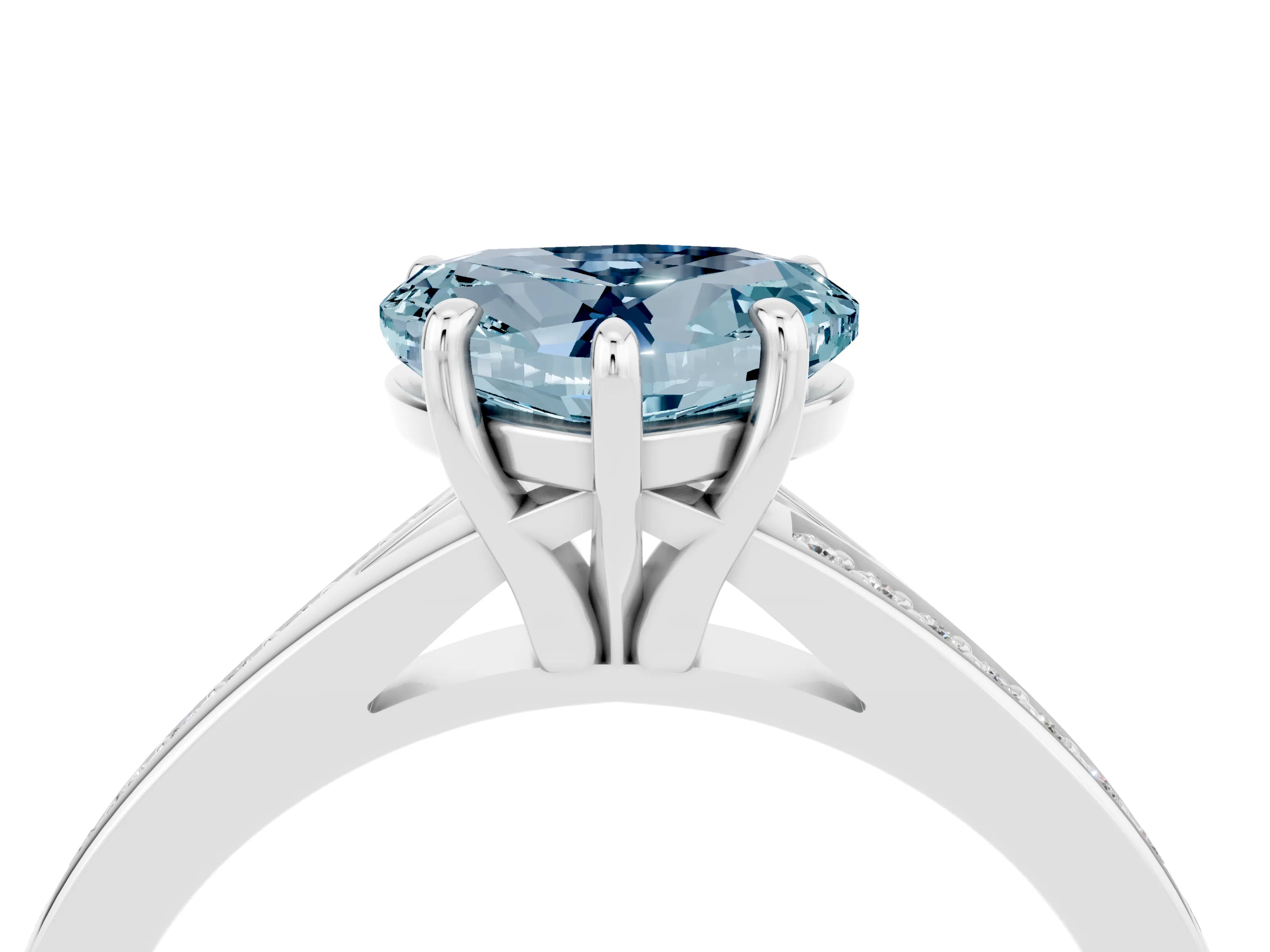 White gold Heart Cut Aquamarine Solitaire Ring with Pavé Band and Prong Setting_4