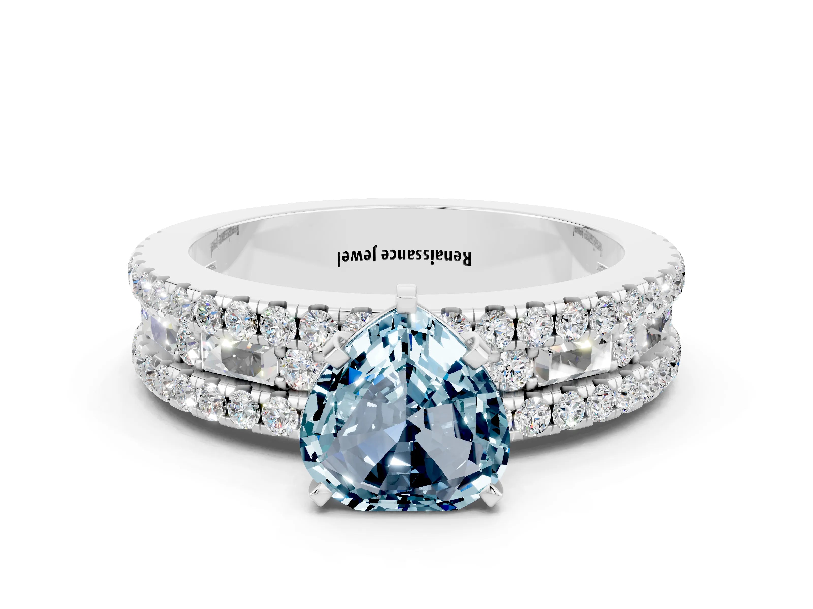 White gold Heart Cut Aquamarine Solitaire Ring with Pavé and Channel Set Band