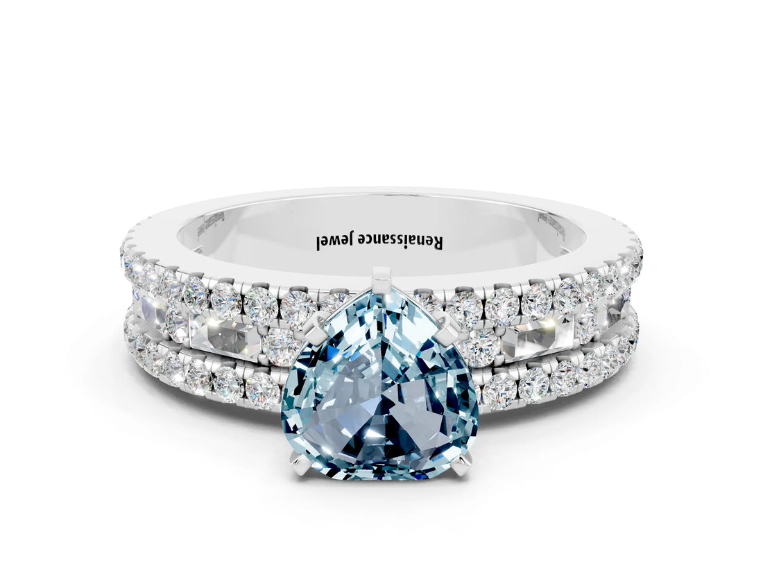 White gold Heart Cut Aquamarine Solitaire Ring with Pavé and Channel Set Band