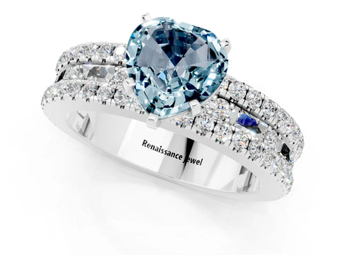 White gold Heart Cut Aquamarine Solitaire Ring with Pavé and Channel Set Band_1