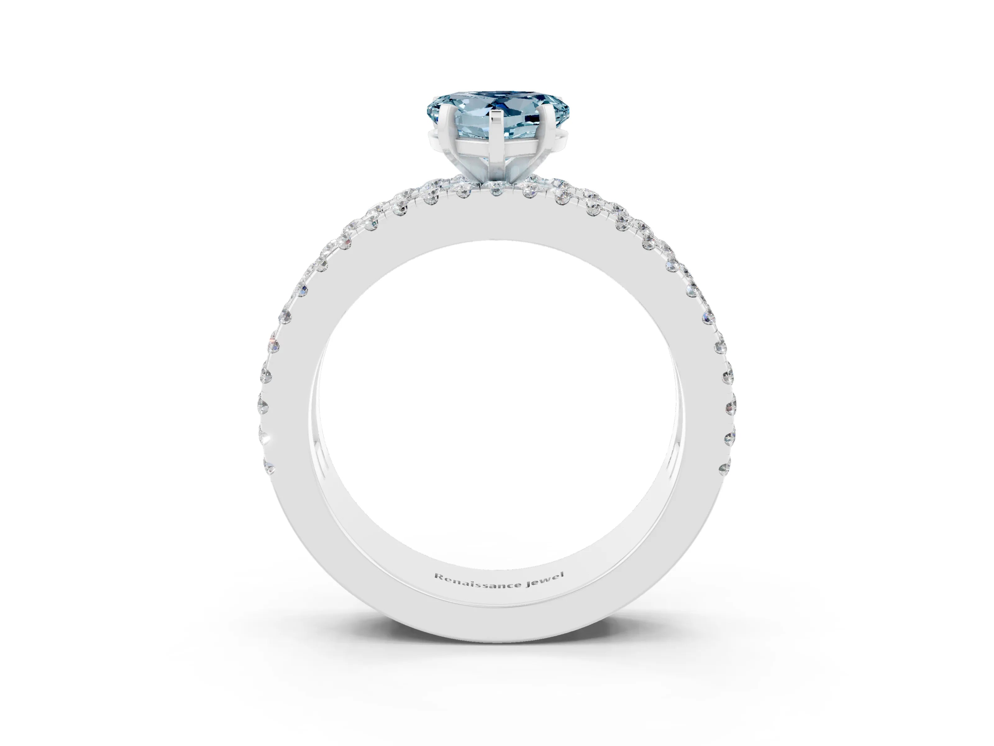 White gold Heart Cut Aquamarine Solitaire Ring with Pavé and Channel Set Band_3