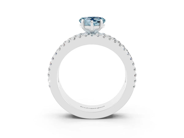 Platinum Heart Cut Aquamarine Solitaire Ring with Pavé and Channel Set Band