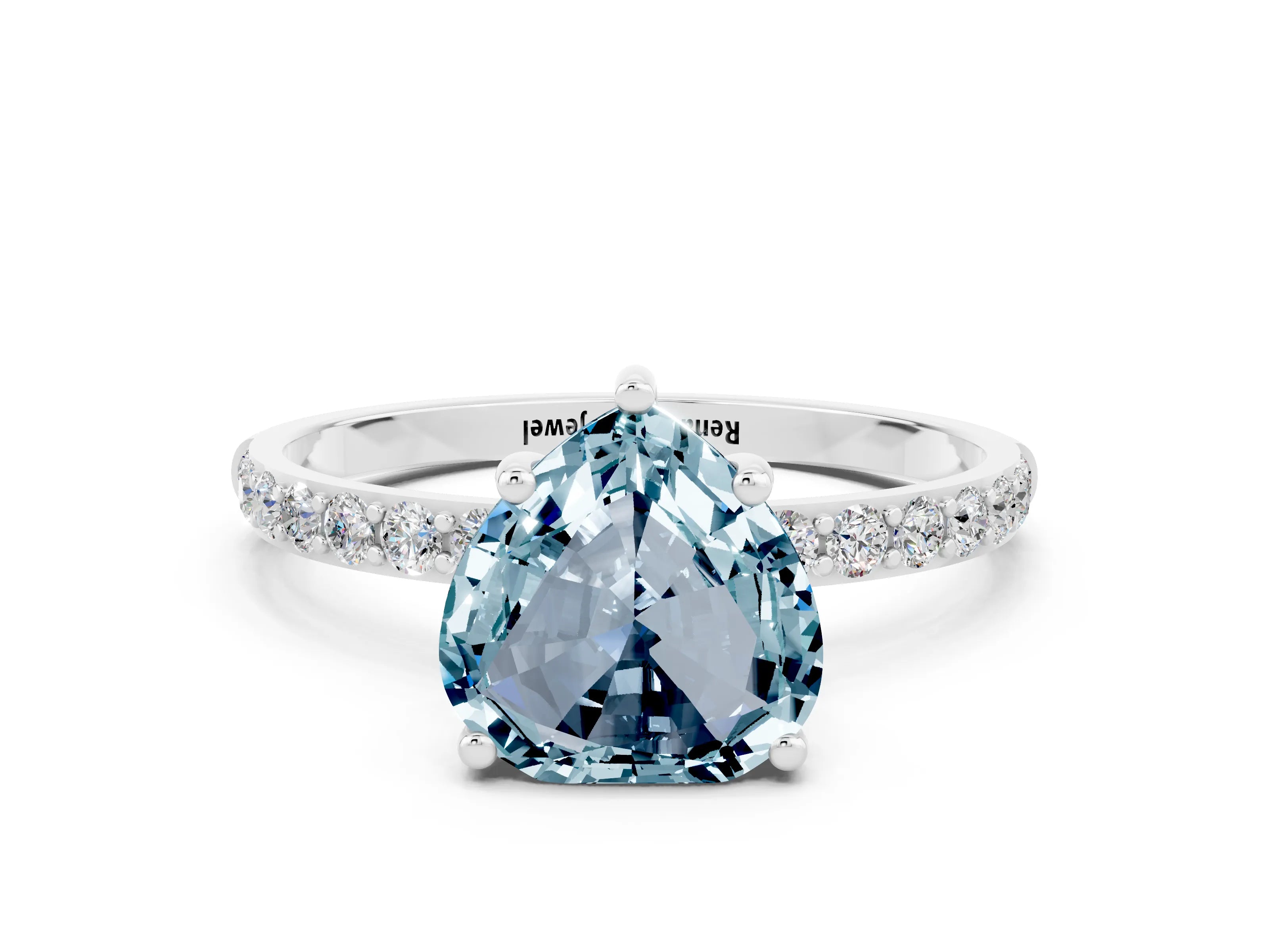 White gold Heart Cut Aquamarine Solitaire Ring with Pave Band and Four Prong Setting_24