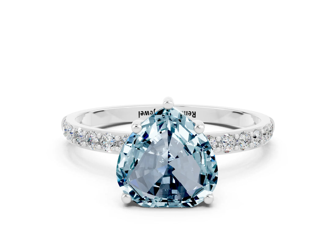 White gold Heart Cut Aquamarine Solitaire Ring with Pave Band and Four Prong Setting_24