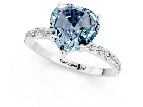 White gold Heart Cut Aquamarine Solitaire Ring with Round  Pavé Band and Prong Setting