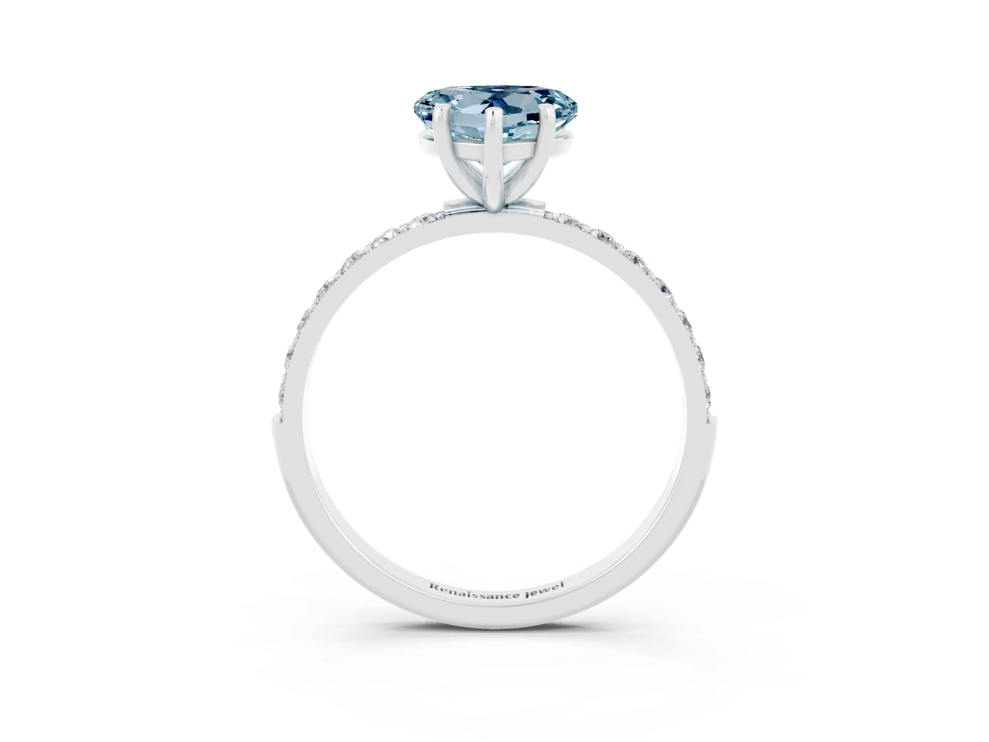 White gold Heart Cut Aquamarine Solitaire Ring with Pave Band and Four Prong Setting_27