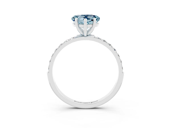 White gold Heart Cut Aquamarine Solitaire Ring with Round  Pavé Band and Prong Setting