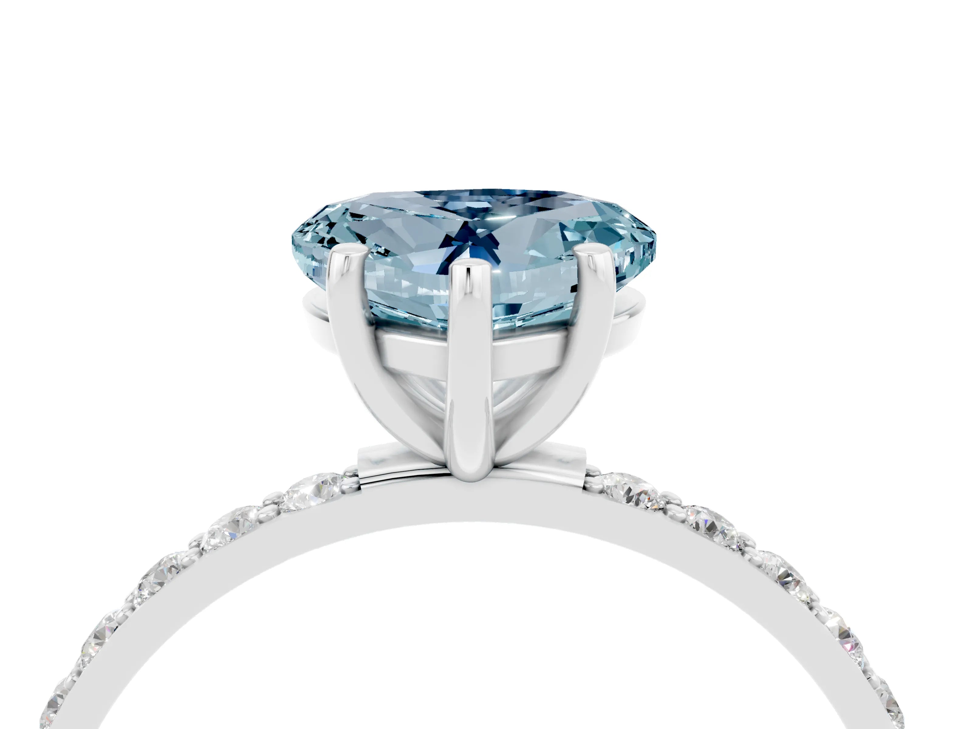 White gold Heart Cut Aquamarine Solitaire Ring with Pave Band and Four Prong Setting_28