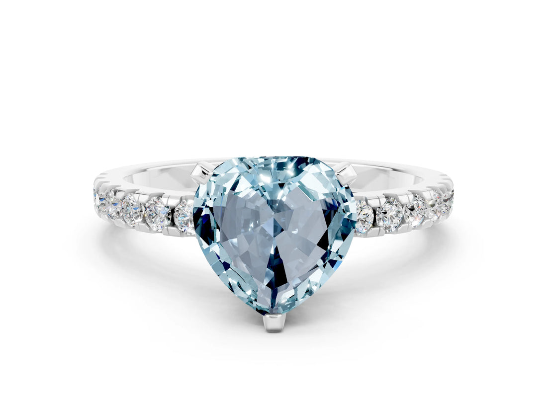 White gold Heart Cut Aquamarine Solitaire Ring with Round  Pavé Band and Four-Prong Setting_48