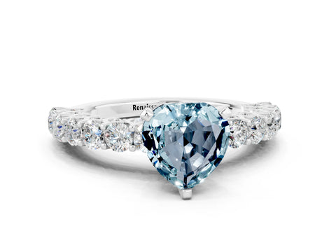 White gold Heart Cut Aquamarine Solitaire Ring with Shared Prong Pavé Band and Four-Prong Setting_12