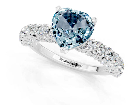 White gold Heart Cut Aquamarine Solitaire Ring with Shared Prong Pavé Band and Four-Prong Setting_13
