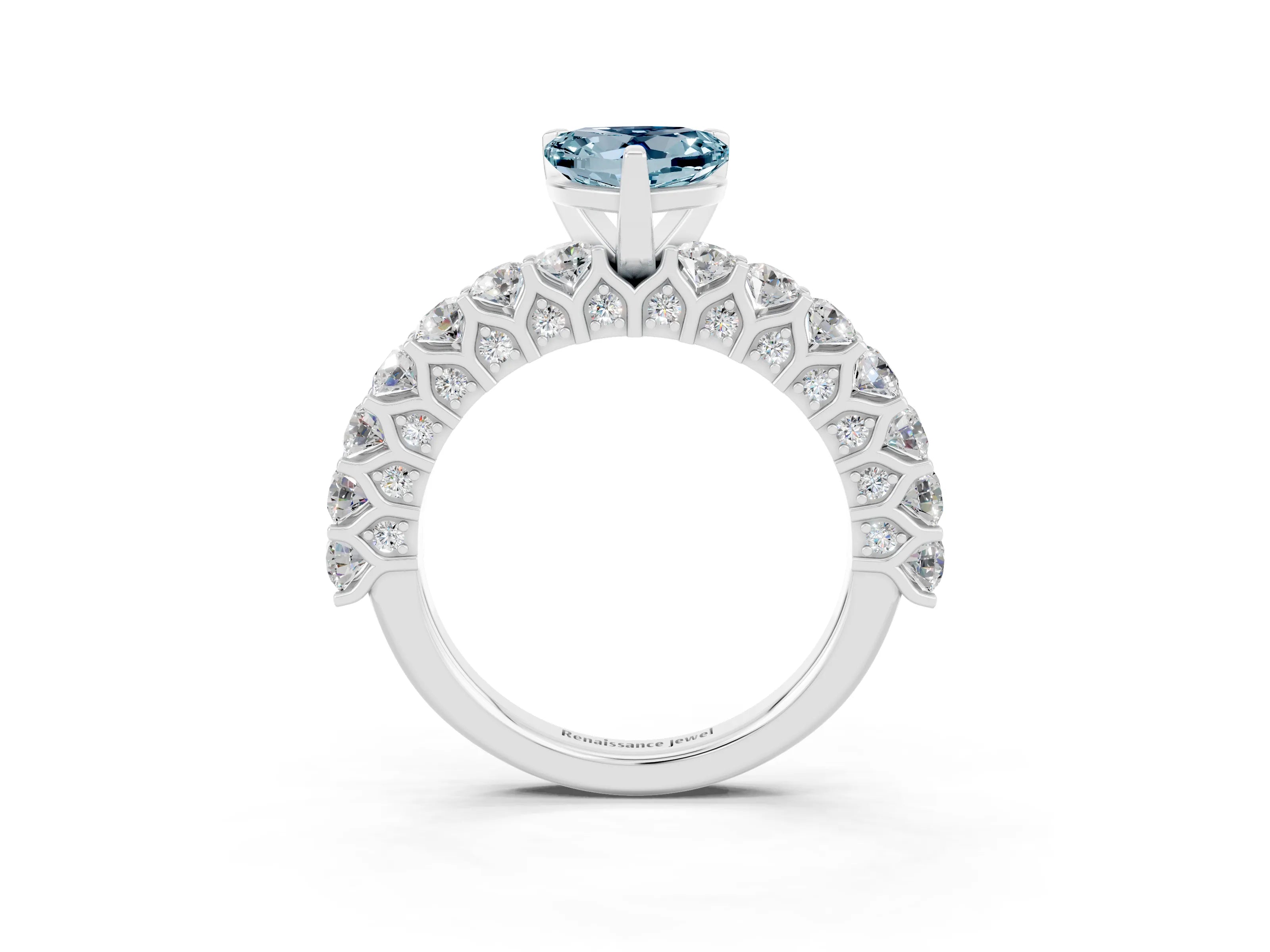 White gold Heart Cut Aquamarine Solitaire Ring with Shared Prong Pavé Band and Four-Prong Setting_15