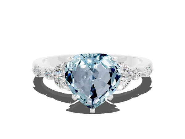Platinum Heart Cut Aquamarine Solitaire Ring with Side Stones and Four-Prong Setting